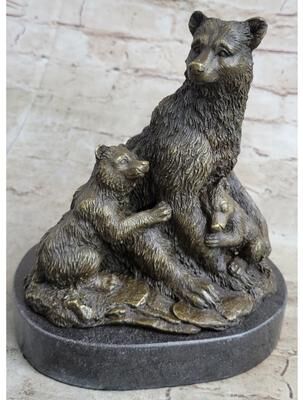 Bronzhaus Signed Original Grizzly Bear With Her Two Cubs Bronze Sculpture Statue Figurine