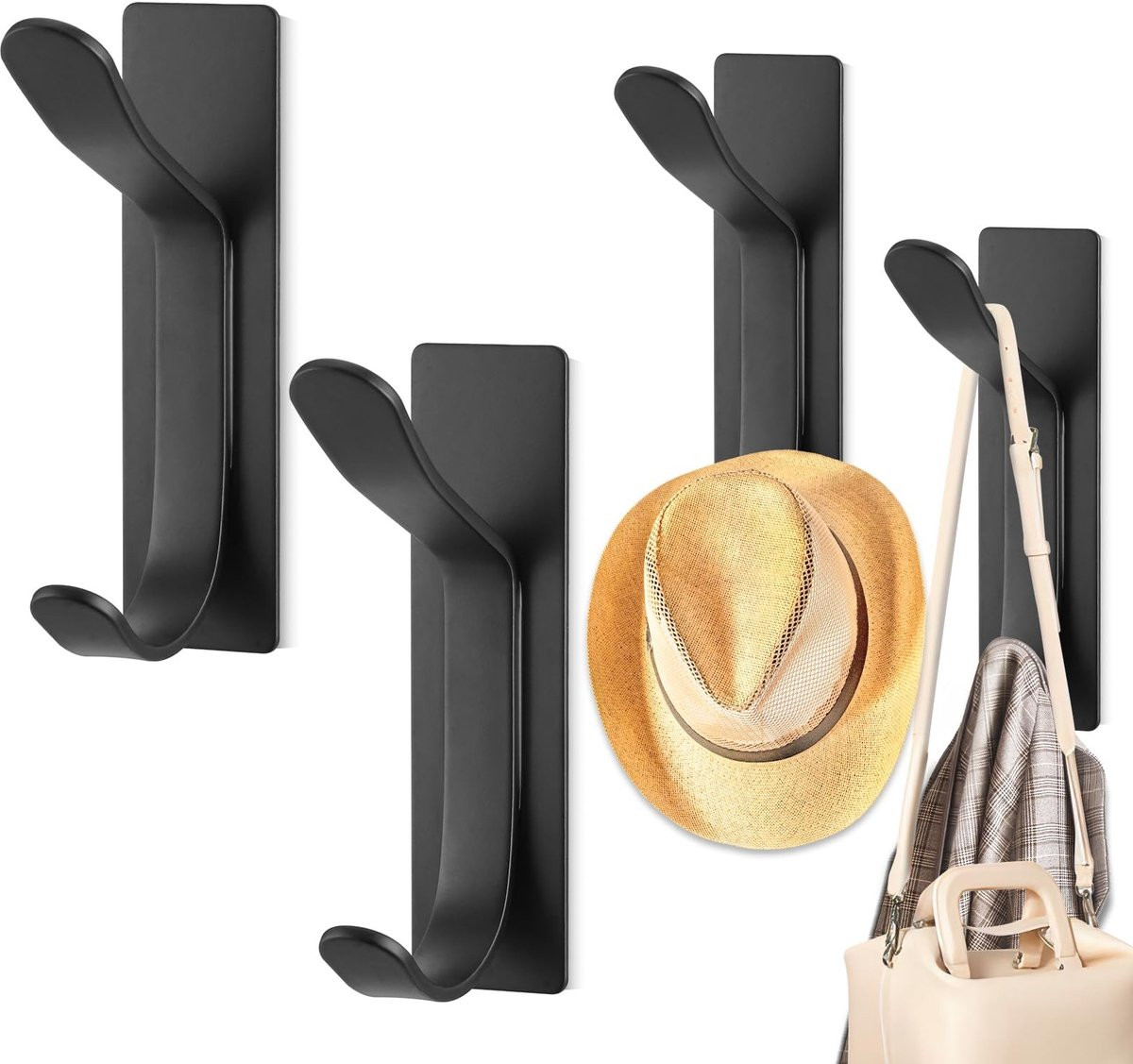 Dailygoods Deurhaken 4 stuks - Zelfklevend - Roestvrij Staal - Zwart - Heavy Duty - Waterdicht - Tot 6 kg draagvermogen