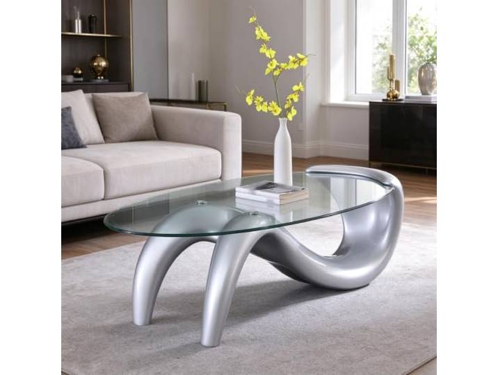 YHTCSXMD Moderner Ovaler Couchtisch mit Glas, S Design für Wohnzimmer 10mm gehärtete Glasplatte, ABS Basis in S-Form, Couchtisch oval mit moderner Optik, für Wohnbereich
