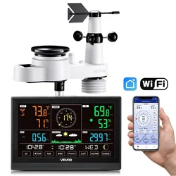 VEVOR 5-in-1-WLAN-Wetterstation, 7,5-Zoll-VA-Display, solarbetriebener Außensensor, Wettercenter zur Wettervorhersage, Windgeschwindigkeit, Windrichtung, Temperatur, Luftfeuchtigkeit, Niederschlag