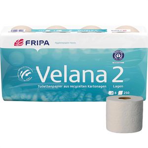 Fripa Toilettenpapier Velana 1530808, natur, ungebleicht, 2-lagig, Recycling aus Kartonagen, 250 Blatt, 8 Rollen
