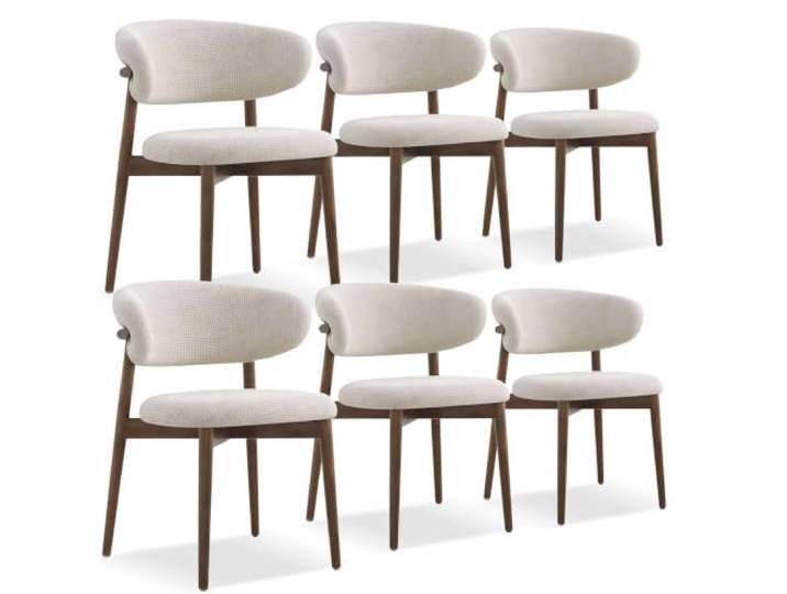 Nordischer Esszimmerstuhl, armloser Esszimmerstuhl mit Stoffbezug und Massivholz-Küchenstühlen, Leinenkissen und geschwungener Rückenlehne, Belastbarkeit 150 kg, moderner Esszimmerstuhl Walnut,6 PCS