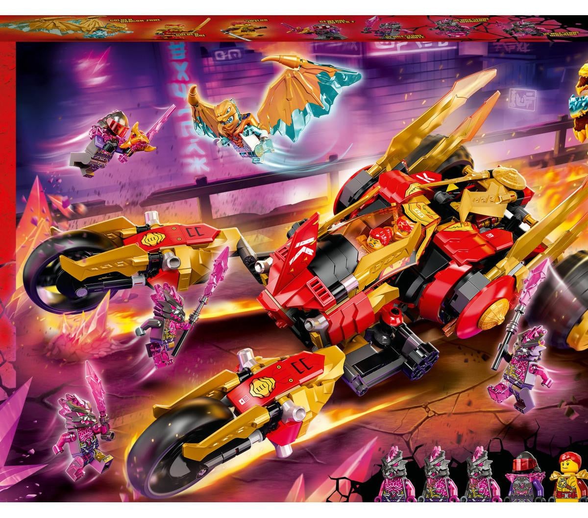 LEGO 71773 NINJAGO Kai's Gouden Draken-Raider set met auto, motorfiets en Kai en Cole Legacy figuren
