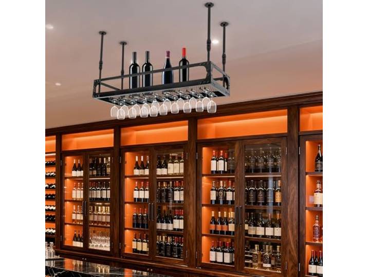 JDBDU Hängeregal 100cm, Höhenverstellbar, Weinregal, Schwarz 100x35cm, Höhenverstellbar, 50kg Tragkraft, Metall, Schwarz, Mit Glashalter, Für Wein & Deko
