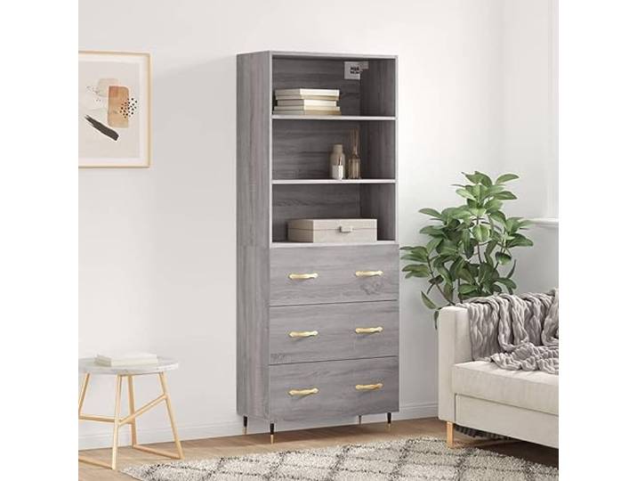 RJPLMFV Anrichte hoch, Sonoma, Grau, 69,5 x 34 x 180 cm, Holz, Technik Füße aus Metall, großer Stauraum, stabiler Schrank für Wohnzimmer
