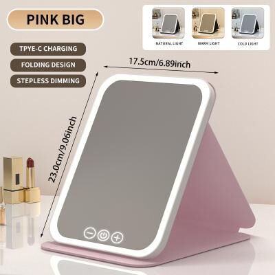 Fusion Finds Rechargeable LED Makeup Mirror With 3 Color Lights Touch Dimmable Travel Vanity Mirror big Pink