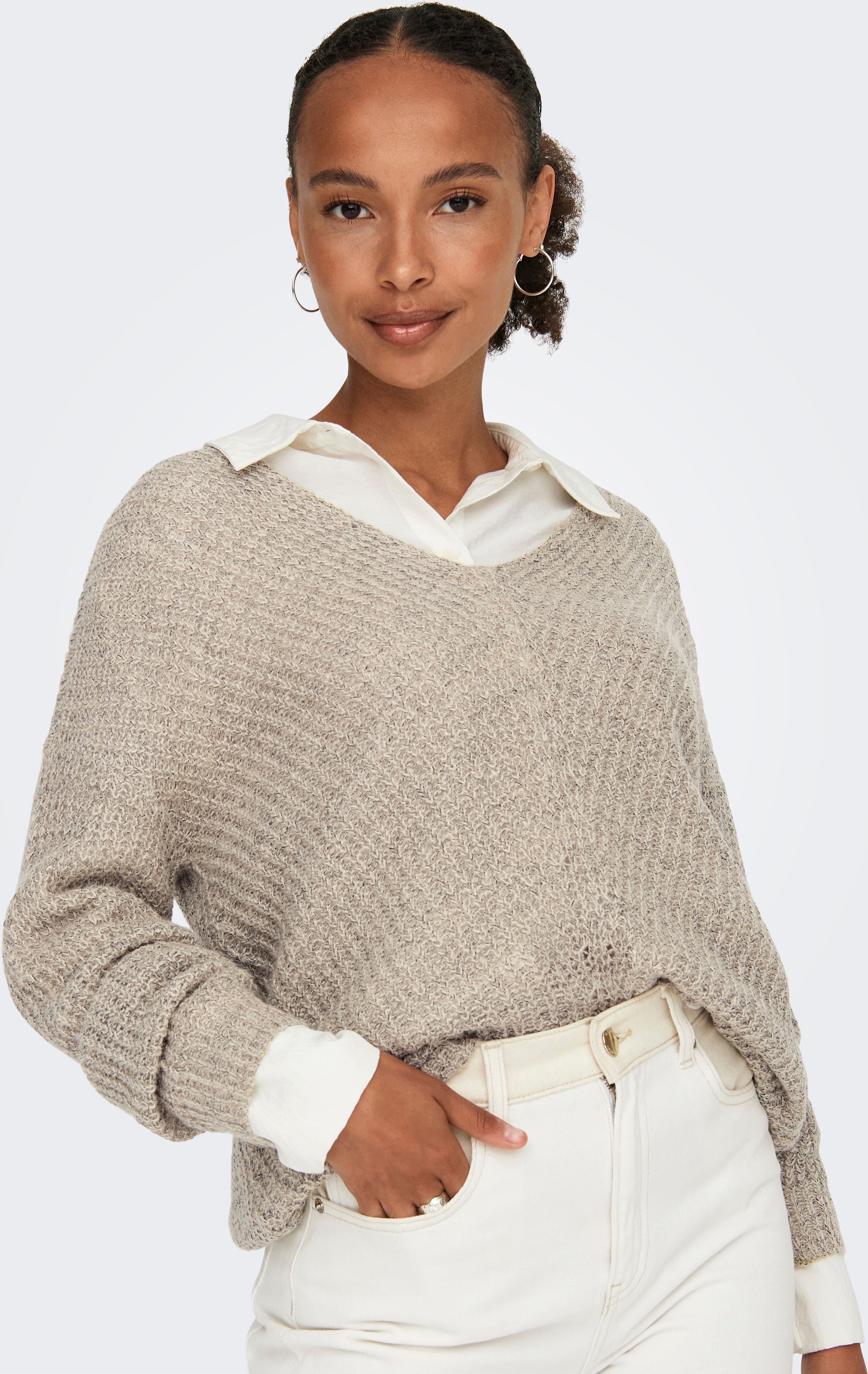 Strickpullover JDY "JDYNEW MEGAN L/S PULLOVER KNT NOOS", Damen, Gr. XS, beige (cement detail:with schwarz ply), Strick, Obermaterial: 88% Polyacryl, 12% Polyester, unifarben, normal, V-Ausschnitt, Rippbündchen, Pullover Strickpullover cement detail:with s