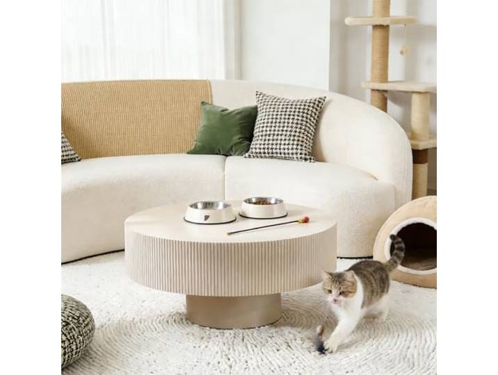 YYZIWYUN Einzigartiger Runder Couchtisch Mit Rillenmuster Trommelförmiger Couchtisch Im Mid-Century-Modern-Stil Runder Boho-Beistelltisch/Couchtisch Für Wohnzimmer Und Homeoffice,Creamy