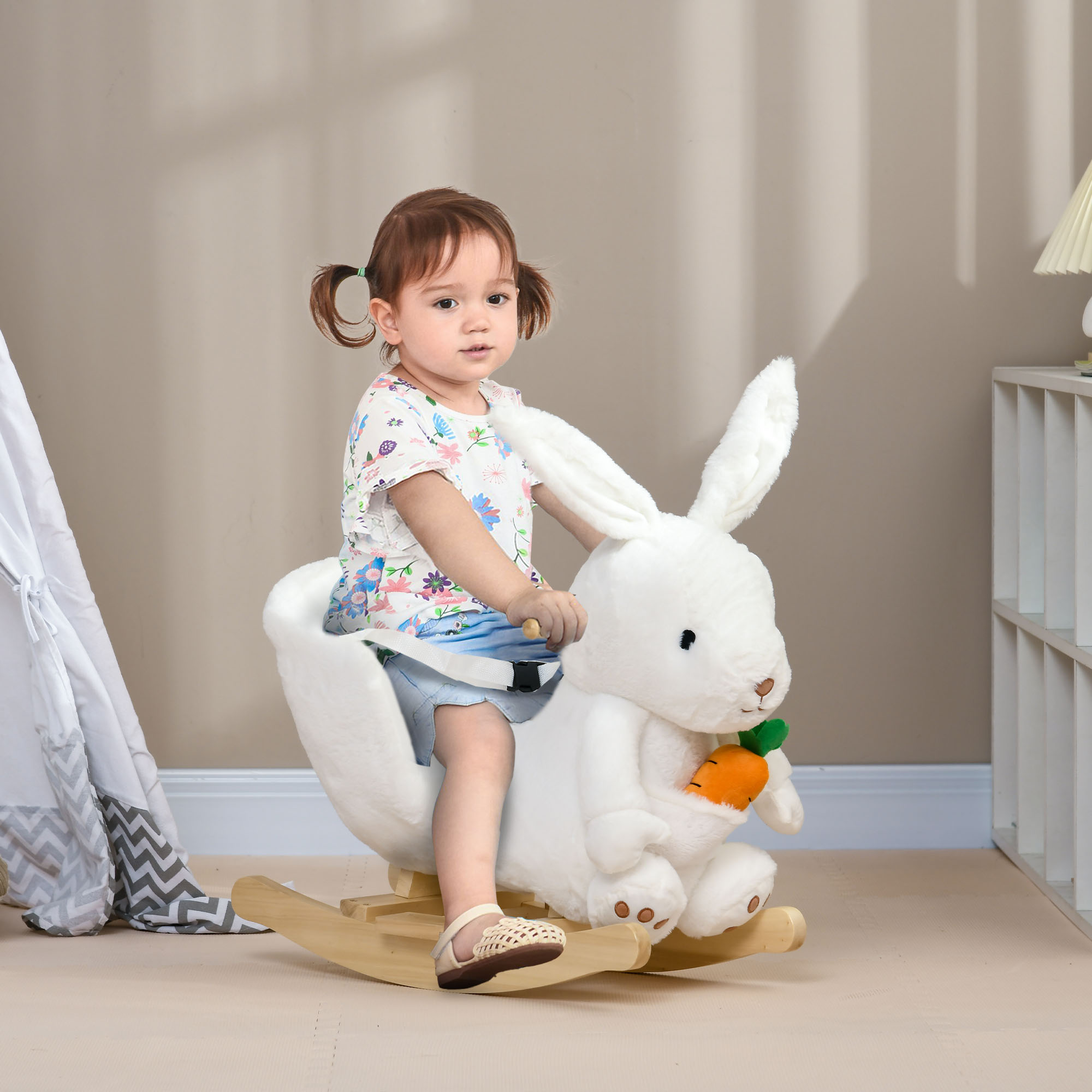 Homcom Animale a Dondolo a forma di Coniglio con Suoni e Cintura di Sicurezza, 60x33x50 cm, Bianco Aosom
