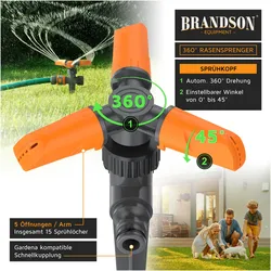 Brandson, Rasensprenger, 3x Kreisregner Garten Sprinkler, 360° Rasensprenger, 3 Arm Rasensprinkler rotierend bis 80 m2 (Kreisregner)