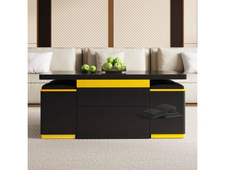 Table Basse Relevable Transformable en Table à Manger Moderne Haute Brillance Noir et Jaune 100x50x43 cm