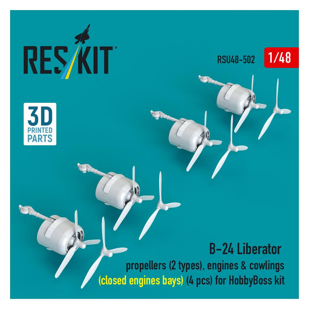 ResKit B-24 Liberator propellers (2 types), engines & cowlings (closed engine bays) (4 pcs) (3D Printed) fo (RSU48-0502)