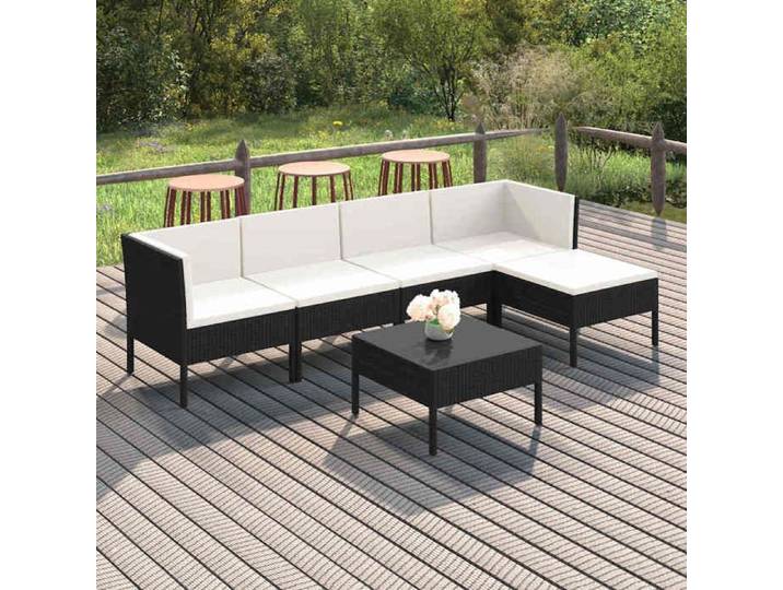 Salon de jardin 6 pcs résine tressée noir coussins mobilier 6 places terrasse balcon extérieur