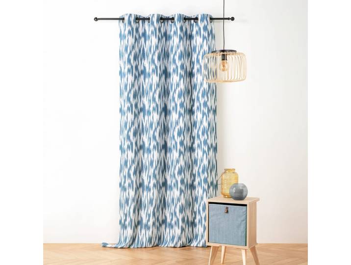 Rideau jacquard motif ikat en fils upcyclés polyester bleu 140x280 cm