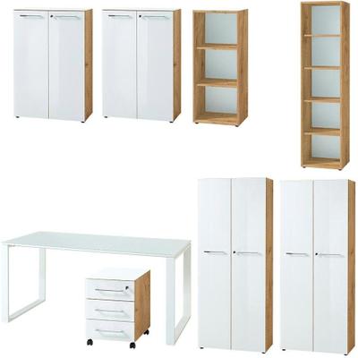Büromöbel-Set GERMANIA "GW-Monteria", weiß (eiche, weiß), Holzwerkstoff Metall, Holzwerkstoff, Metall, Arbeitsmöbel-Sets, Büromöbel-Set