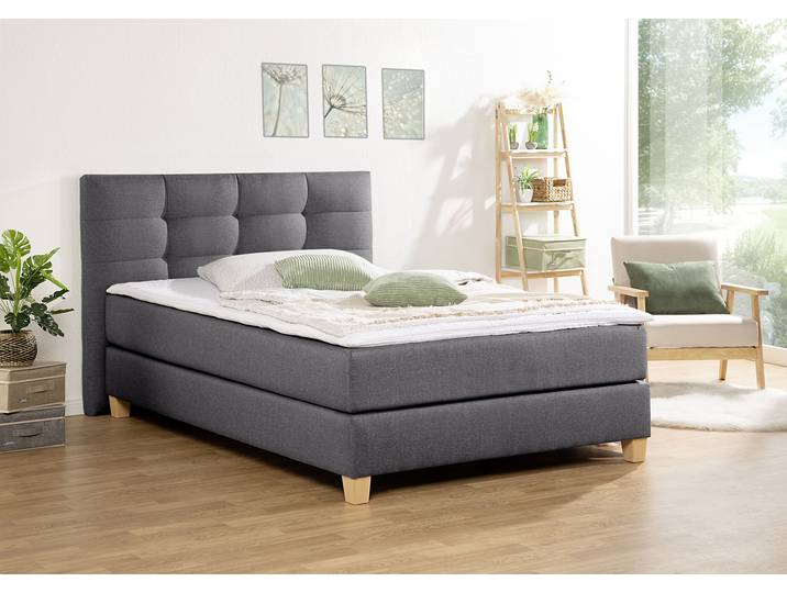 Boxspringbett, Samtstoff, Anthrazit, 134×211 cm, Inkl. Topper, Klassisch, Home affair