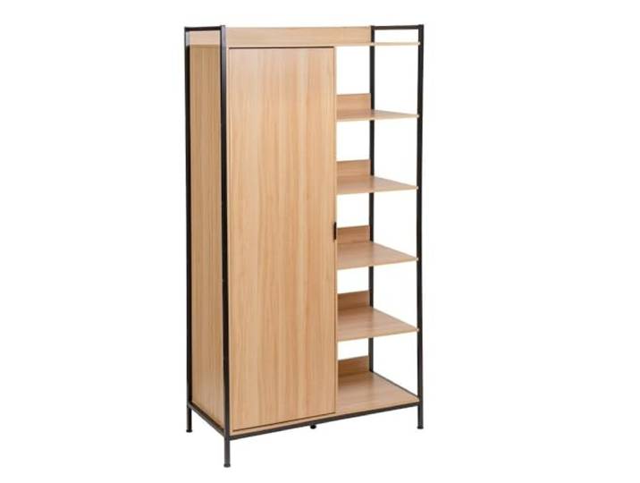 Modularer Schrank mit Einer Tür und 5 Einlegeböden aus PB und Metall in Natur und Schwarz