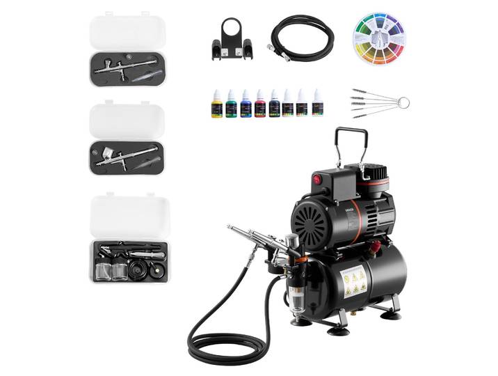 VEVOR Kit aérographe 1/6 PS avec compresseur & réservoir\, Dual-Action 3 pistolets aérographes avec 3 buses (0\,3/0\,3/0\,5 mm) & tuyau & peinture acrylique & 2 ventilateurs\, pour décoration de gâteaux peinture de modèle art d'ongle