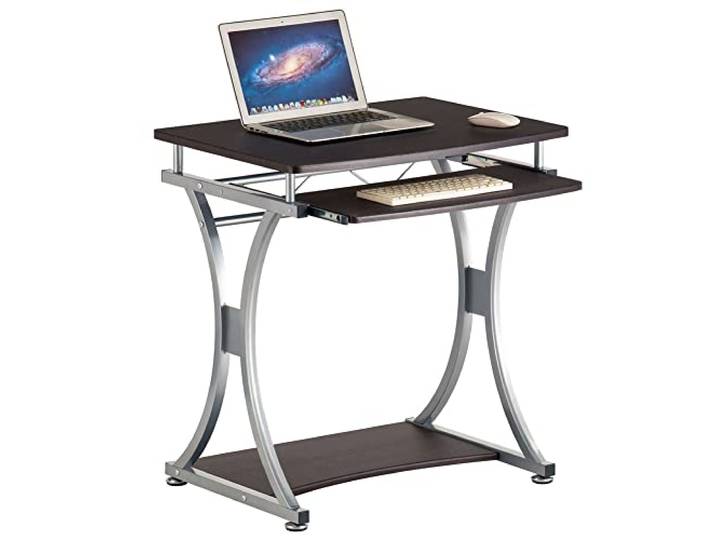 BAKAJI Schreibtisch mit ausziehbarem Tastaturständer und Ablage für den Arbeitsplatz, Computer, aus Metall und MDF-Holz, Einrichtung, Zuhause, Büro, Kinderzimmer, modernes Design, kompakt, Farbe Braun