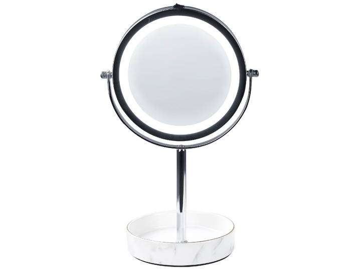 BELIANI Kosmetikspiegel mit LED-Beleuchtung Silber u. Weiß ø 20 cm aus Eisen u. Keramik Doppelseitig Vergrößerungsspiegel Schminkspiegel Tischspiegel