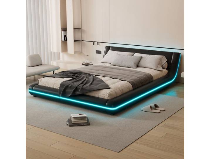 Lit plat 140x200 cm lit double avec éclairage LED lit double noir