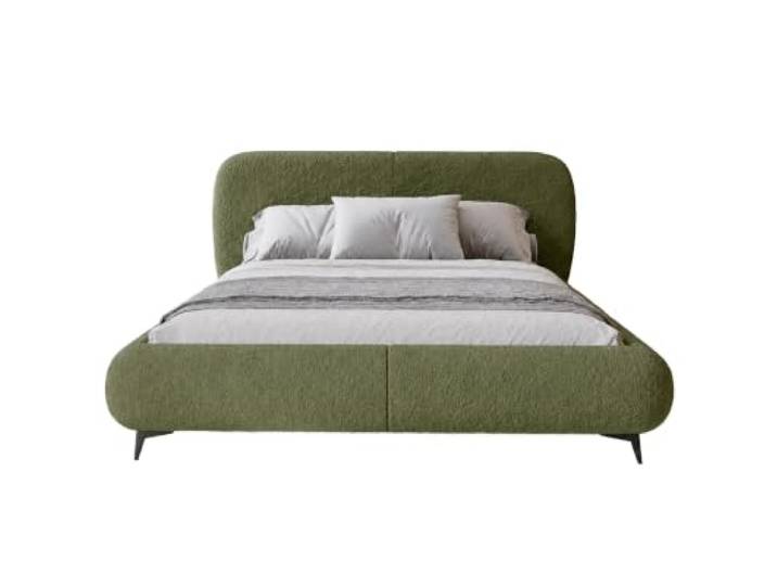 Chilly. Möbel Design Bett Kyoto - Polsterbett im Japandi-Stil mit Bettkasten und Kopfteil - 200x200 cm - Metallrahmen - Bouclé Olivgrün