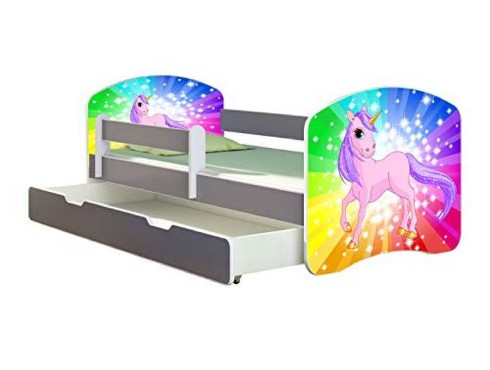 ACMA Kinderbett Jugendbett mit Einer Schublade und Matratze Grau mit Rausfallschutz Lattenrost II Spielbett Kinderzimmer Möbel (18 Pony Regenbogen, 140x70 + Bettkasten)
