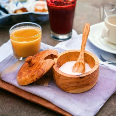 Kamsah Olive Wood Salt and Sugar Cellar with Spoon, Handmade