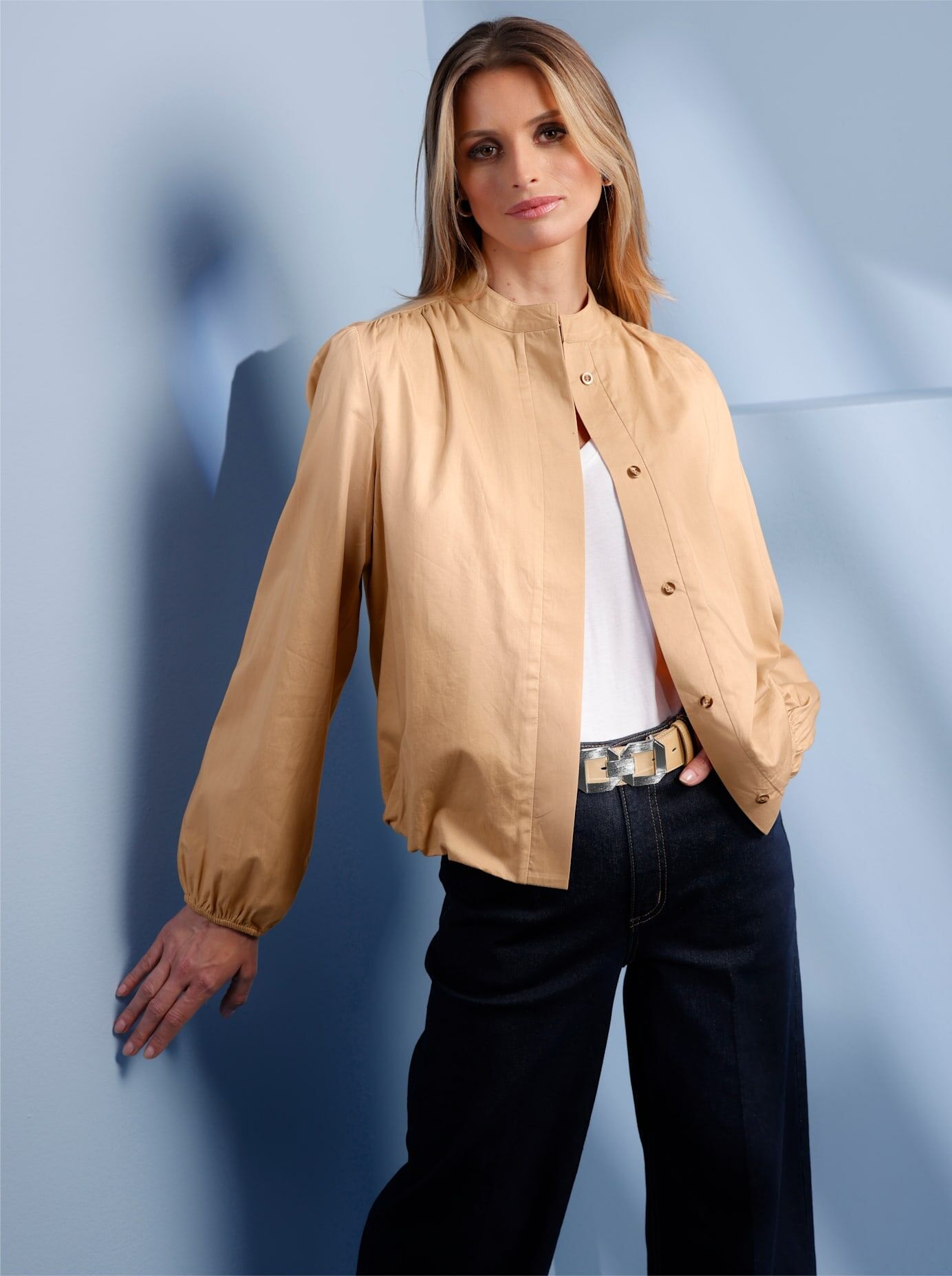 Blusenjacke HEINE, Damen, Gr. 50, beige (camel), 100% Baumwolle, Jacken Blusenjacke camel 50