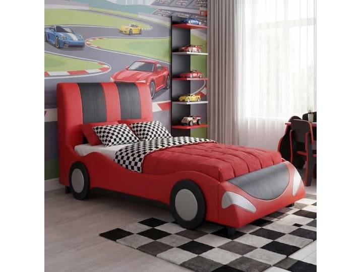 Mendler Bett HWC-E14 Lattenrost Kunstleder Holz 190x100cm - schwarz-rot Auto, Junge, Kinderbett, Jugendbett