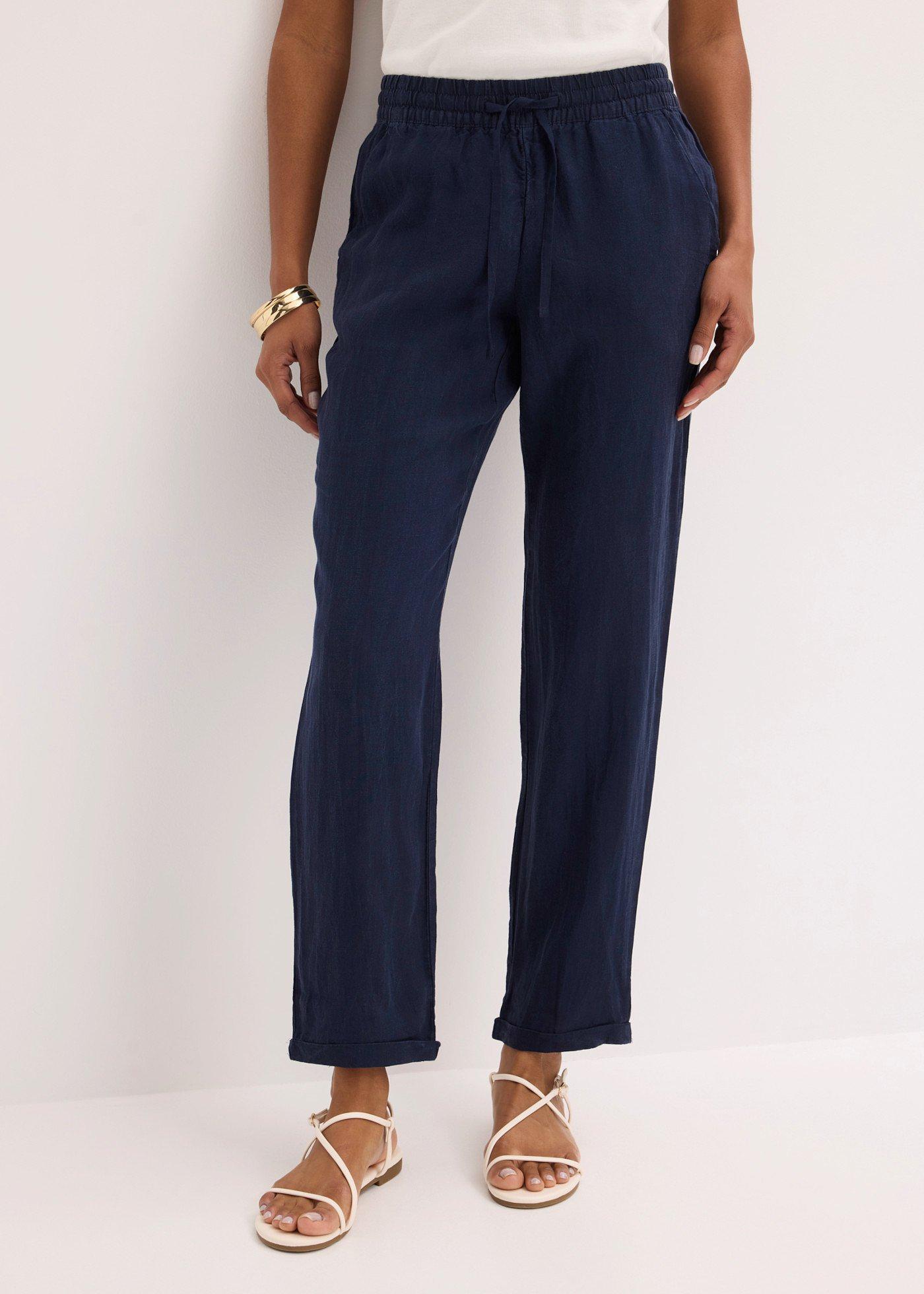 bonprix Leinenhose mit Elastik-Bündchen, blau, Gr.40, Feminine Leinenhose mit Elastik-Bündchen und Umschlagsaum, aus Leinen