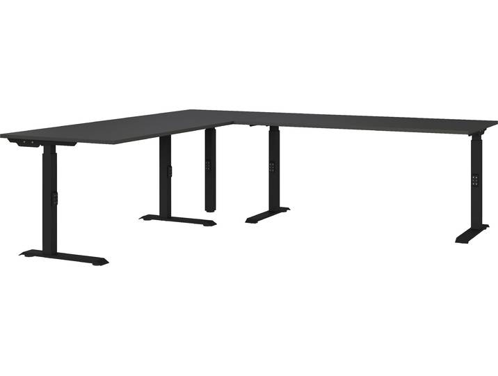Schreibtisch GERMANIA Mailand , grau (graphit, schwarz, graphit), B:240cm H:91cm T:220cm, Tische, Schreibtisch, Mechanisch höheneinstellbarer Winkelschreibtisch mit einem Stützfuss