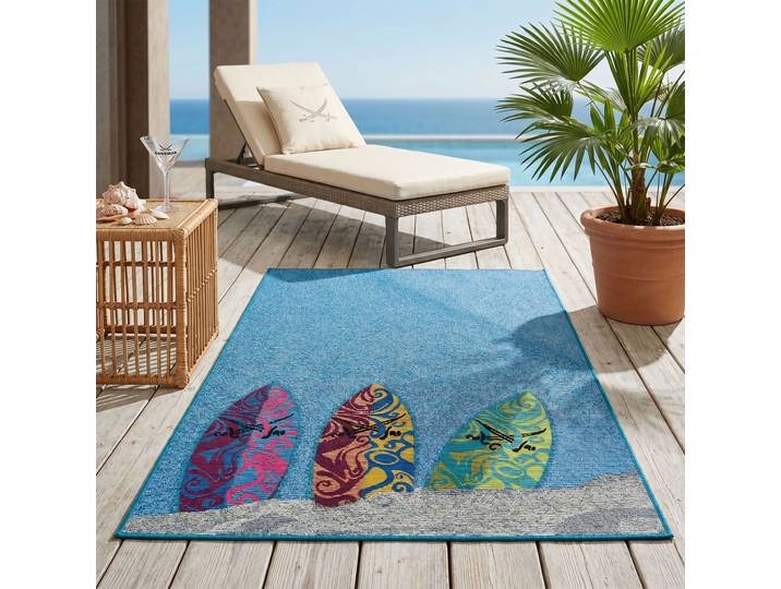 Teppich SANSIBAR Rantum Beach SA-018 , blau, B:80cm H:5mm L:165cm, Polypropylen, Teppiche, Teppich, Flachgewebe, modernes Design, Surfboards, In- und Outdoor geeignet