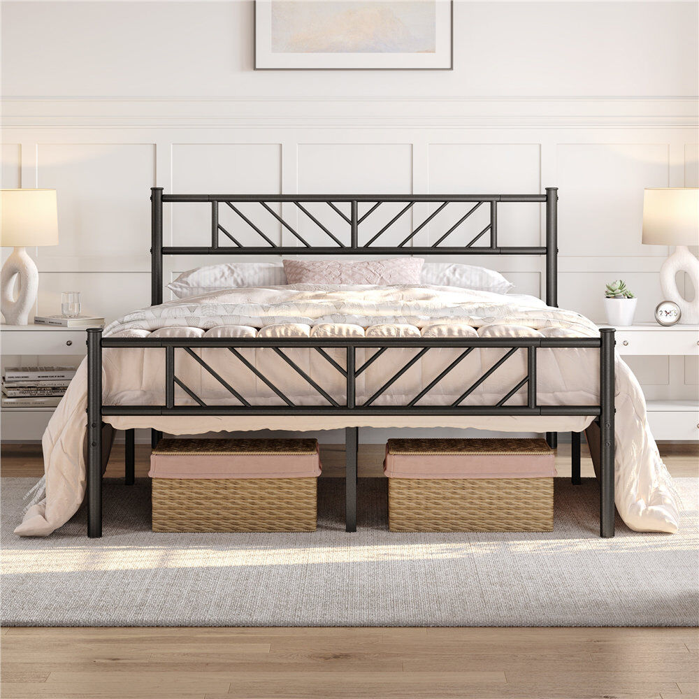 Yaheetech Minimalist Metal Slatted Bed Platform with Arrow Design Headboard Black Kingsize (5')