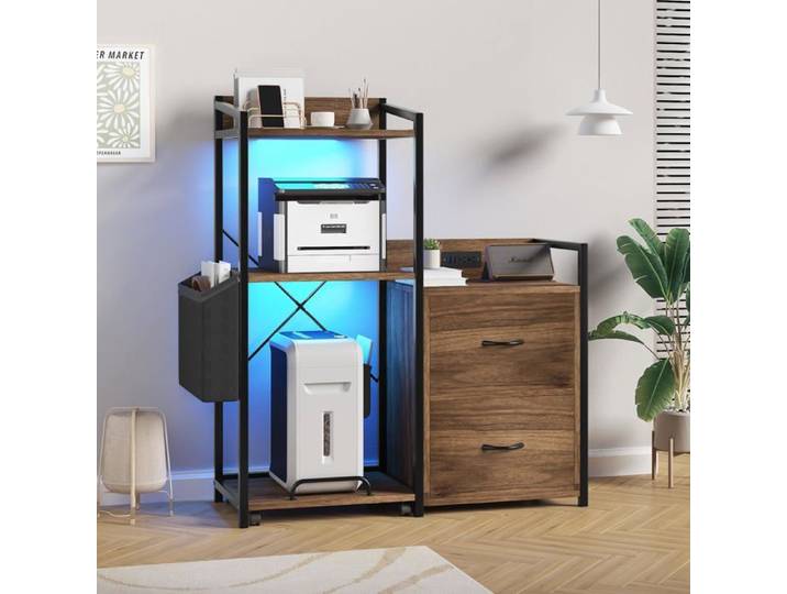 Classeur en métal à 2 tiroirs marron rustique avec rangement pour lettres A4 et étagère pour barrette d'alimentation LED