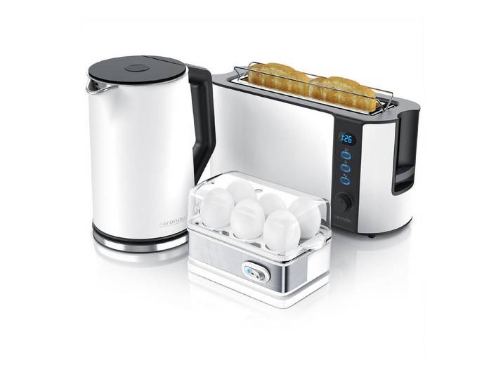 Arendo Frühstücks-Set Wasserkocher 1,5l / 2-Scheiben Toaster / Eierkocher, Edelstahl, Weiß (3-tlg), BPA-frei, GS-geprüfte Sicherheit, perfekt fürs Familienfrühstück