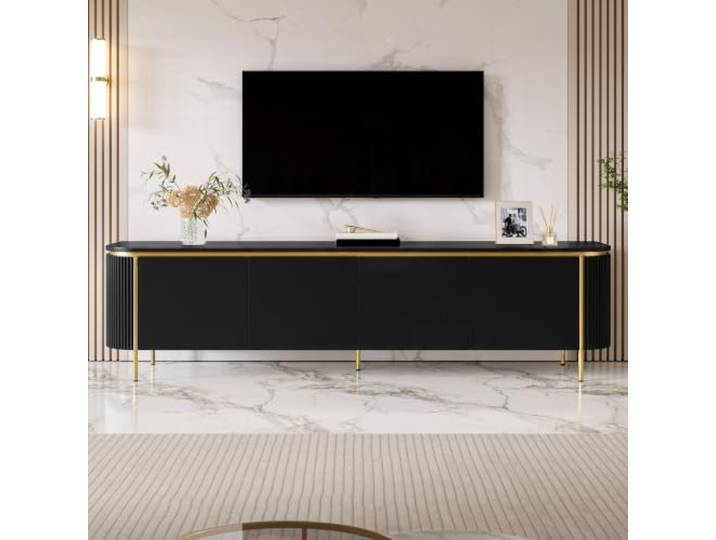 DUlVBPE TV Lowboard Fernsehschrank TV Board MDF Eisenfüße 6 Türen abgerundete Enden Riffel Kabeldurchlass Wohnzimmer