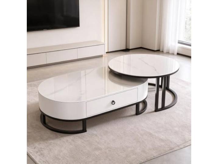 YHTCSXMD Ausziehbarer Couchtisch mit Steinplatte und Schublade Nesting Design, Steinplatte, Stahlrahmen, Holzschublade, couchtisch rund, couchtisch modern, Wohnzimmer