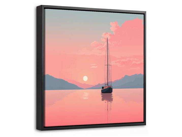 LEINWAND Bilder mit Rahmen - Segelboot - Rosa Meer - Sonnenuntergang - Berge - 20x20
