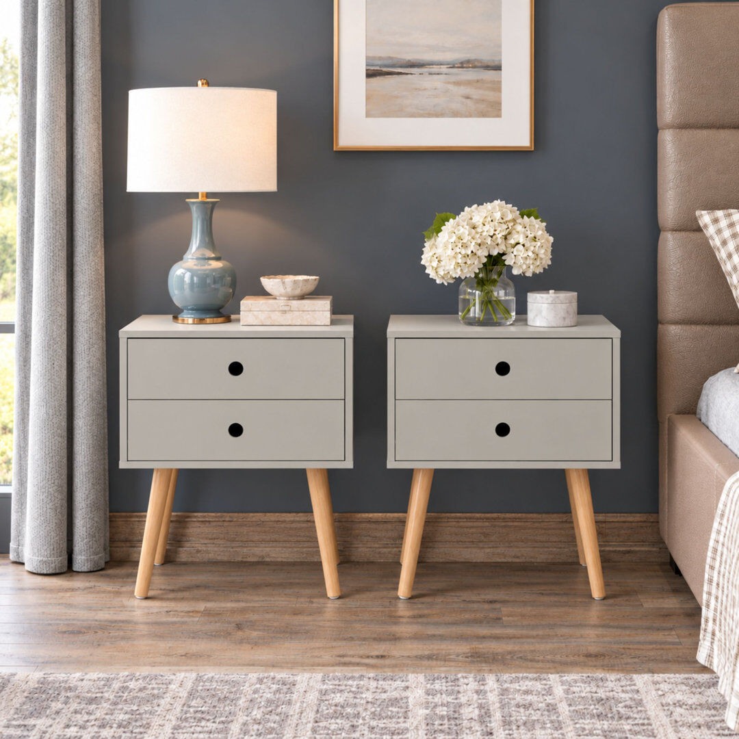 Brambly Cottage Set of 2 Premium Irmtraud 2-Drawer Bedside Cabinets, Pair of Stylish Two-Tone Nightstands Grey 54cm H X 40cm W X 40cm D