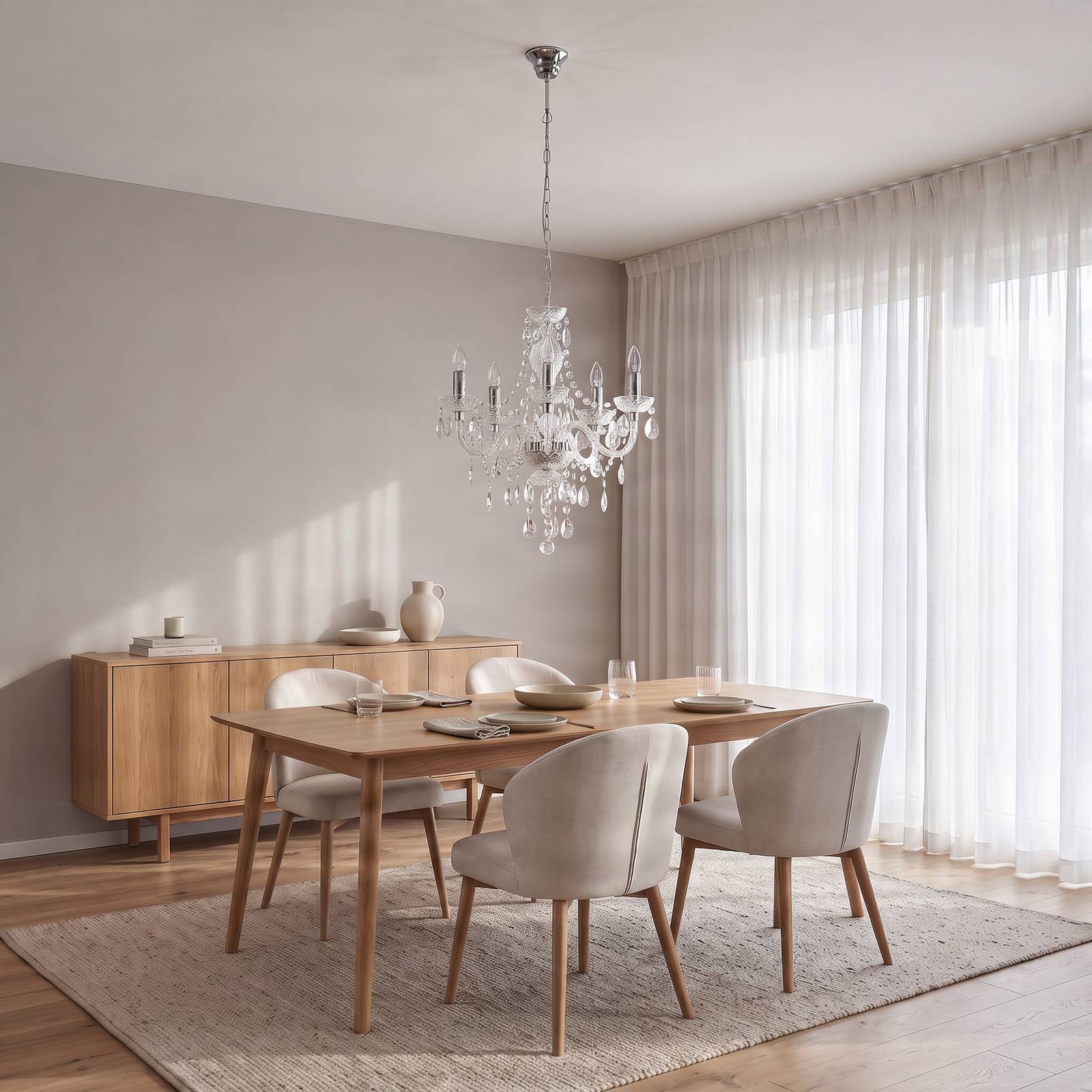 Chandelier Merida Lindby, dimmable, Clear / transparent, Living / Dining Room, Antique, Ceiling Light