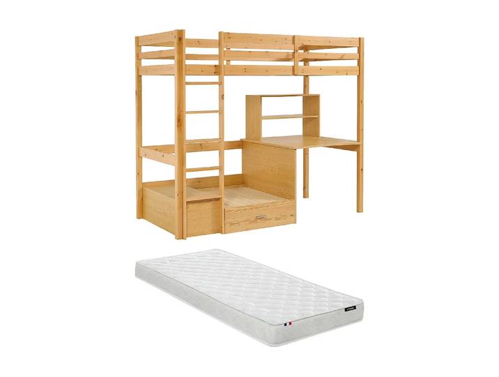 Lit mezzanine 90 x 200 cm avec bureau, sofa convertible et rangements - Pin et MDF – Coloris : Naturel + Matelas - GOLIATH III