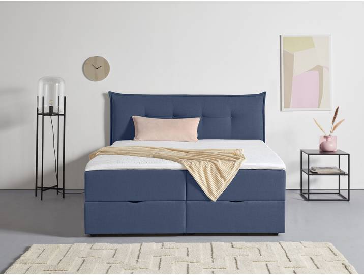 Boxspringbett, Struktur, Blau, 195×213 cm, Mit Bettkasten & Topper, Skandinavisch, Andas