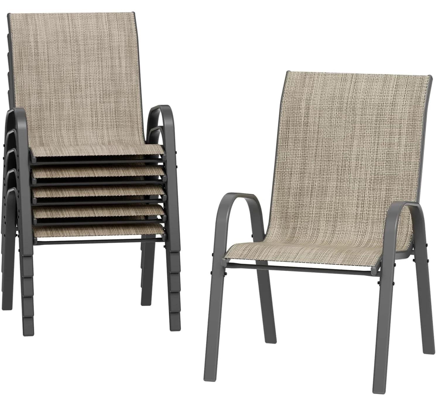 Stapelbare Gartenstühle - 6er Set Outdoor Essstuhl - Metallrahmen - Textilene Bespannung - Mit Armlehnen - Hohe Rückenlehne - Farbe Coffee Braun