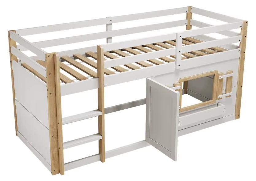Kinderbett - Multifunktionales Etagenbett aus Holz - 90 x 200 cm - Sicherheitsleiter - Spielfläche - Platzsparend - Freistehend - Weiß