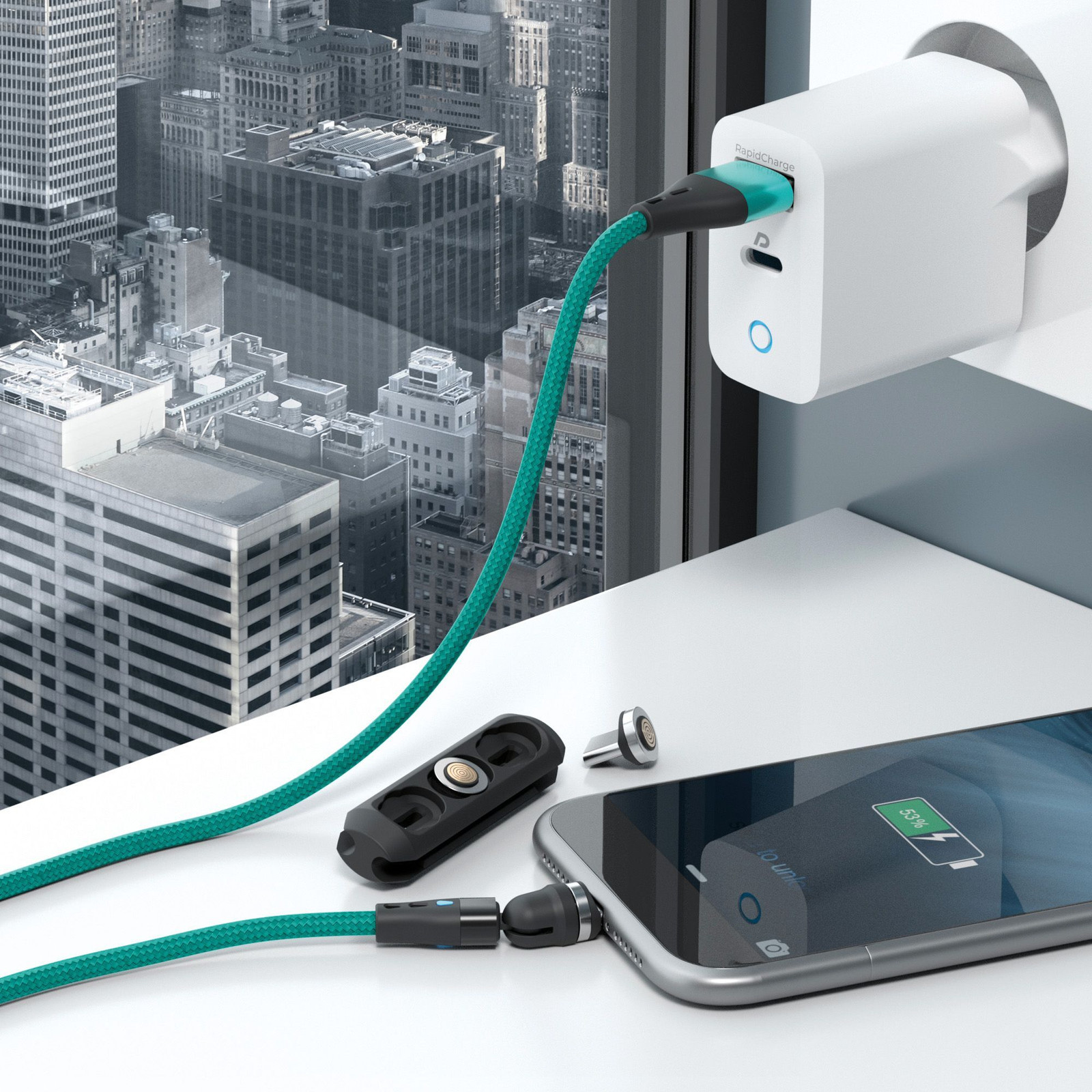 RealPower Magnetic Kabel 3 Amp 1m Groen met Adapters
