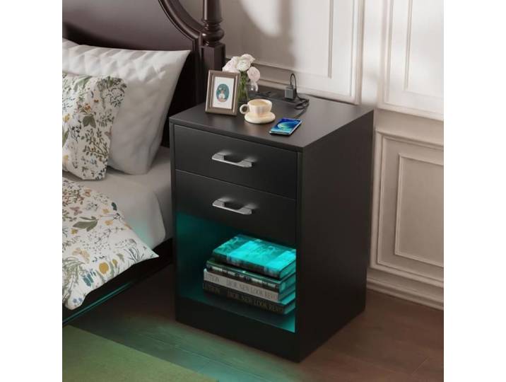 Table de Chevet Mat avec Station de Charge - XUANYU - Table de Nuit avec LED et USB Chevet de Lit avec 2 Tiroirs Noir