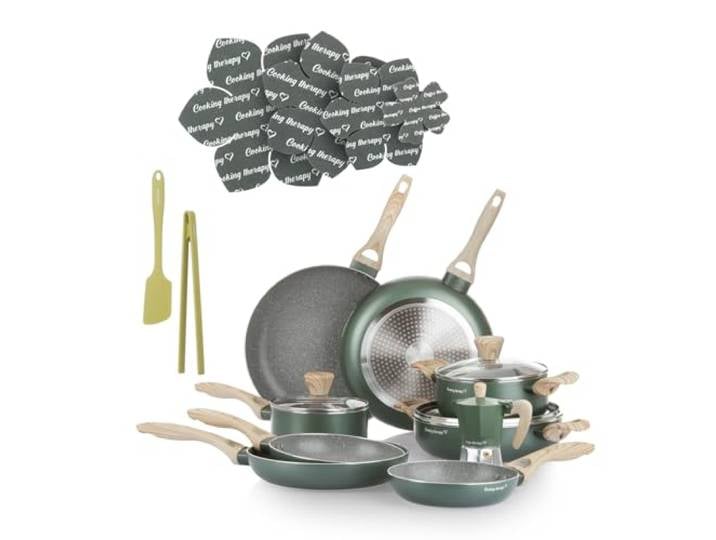 KASANOVA Kochgeschirr-Set Cooking Therapy – Induktionsgeeignetes Topf- und Pfannenset mit Pfannenwender, Komplettes Küchenset mit Lasergravur und Griffen in Holzoptik (18)