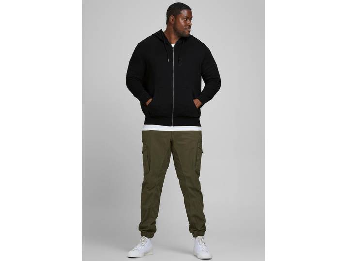 Kapuzensweatjacke BASIC SWEAT ZIP HOOD Gr. 6XL, schwarz, JACK & JONES PLUSSIZE, Sweatjacken, Herren, 6XL, angeraute Sweatware, Obermaterial: 85% Baumwolle, 15% Polyester, unifarben, Kapuzensweatjacke, bis Größe 6XL