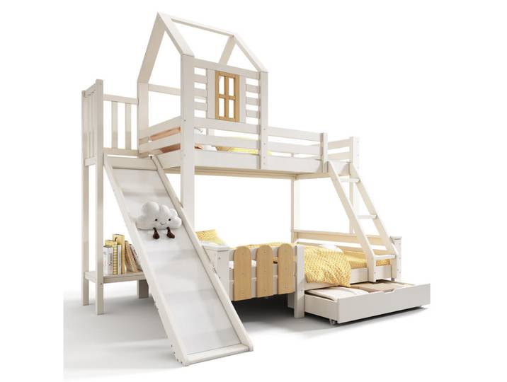 Redom Etagenbett 90/140/200 cm mit Rutsche, Leiter und Schublade, Blockhaus-Optik und Metall, Weiß/Natur, 90x200 cm, Babymöbel & Kindermöbel, Kinderzimmer & Jugendzimmer, Kinderbetten